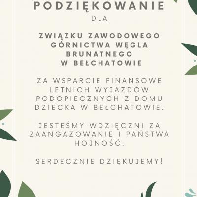 Podziękowania dla Związku Zawodowego Górnictwa Węgla Brunatnego KWB Bełcható